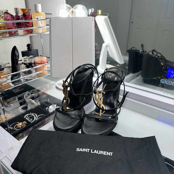 SAINT LAURENT Cassandra Wedge Espadrilles In Leather With GOLD Monogram EUR 42 - Picture 4 of 5